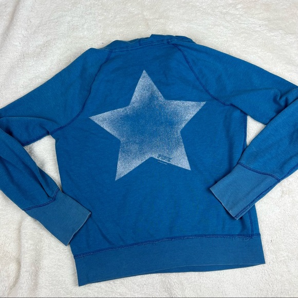VS Pink Distressed Blue Star Notch Top Hoodie Sweater Large - Picture 7 of 11